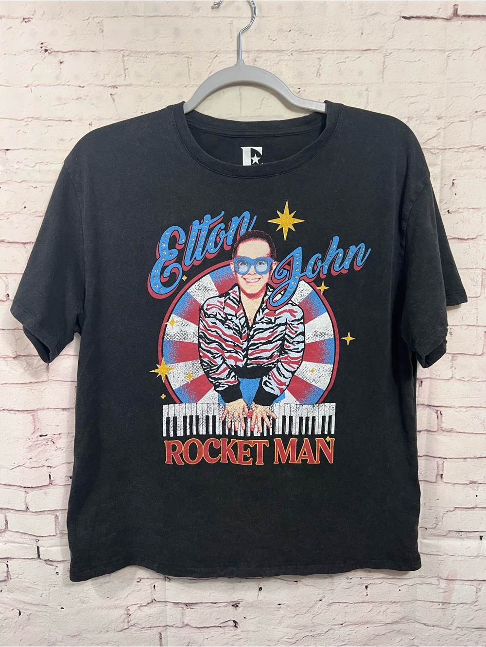 Elton John Rocket Man Graphic Tee Shirt Womens Medium Black Rhinestone